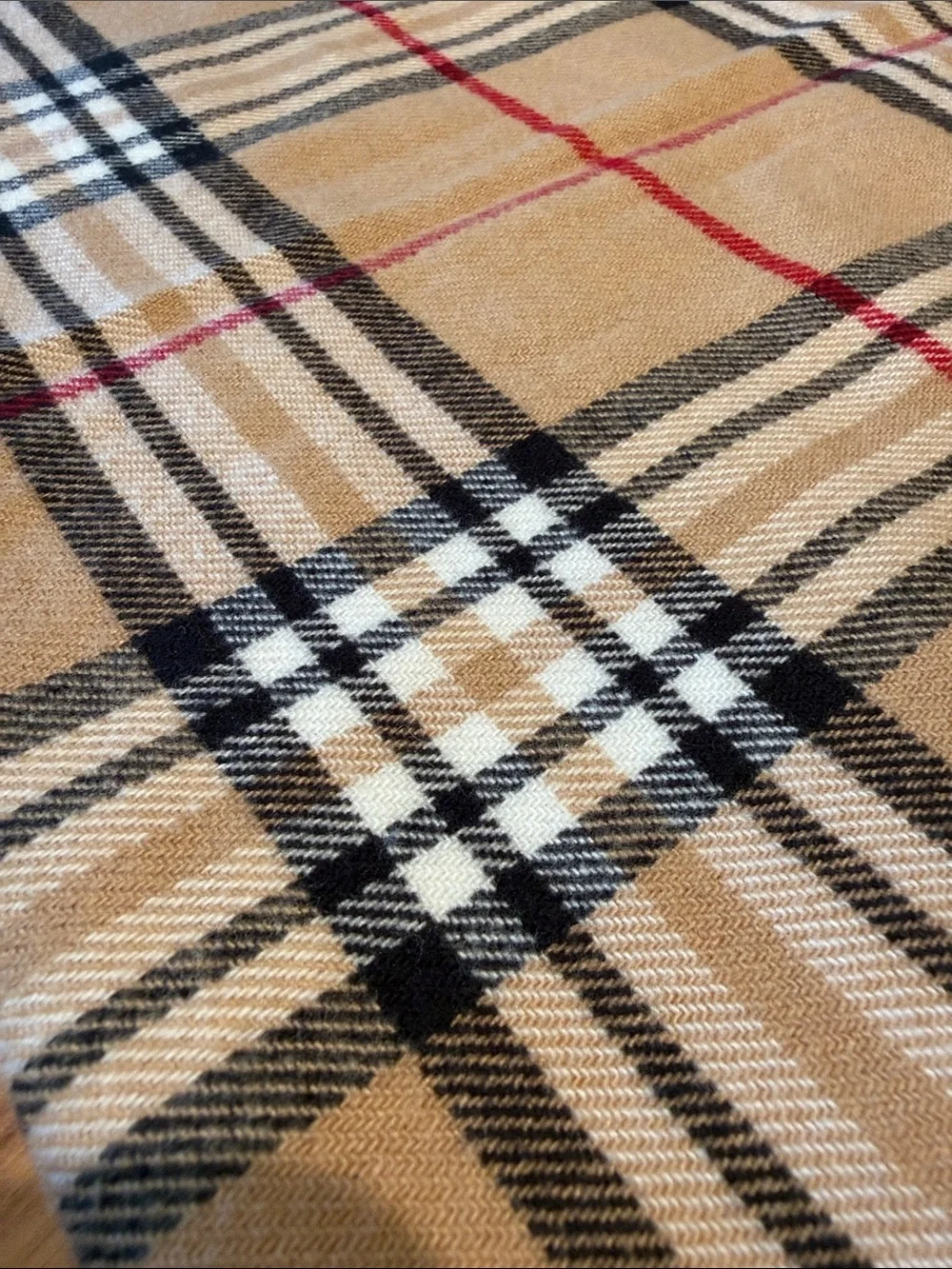 100% Cashmere Scarf Made in Scotland Camel Plaid Fringe Soft 70”